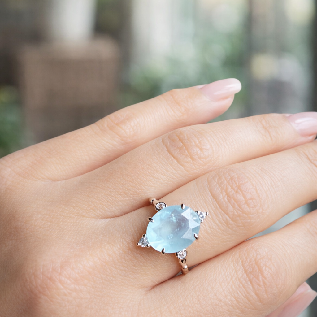 Aquamarine Serenity Ring – 925 Silver Platinum Plated