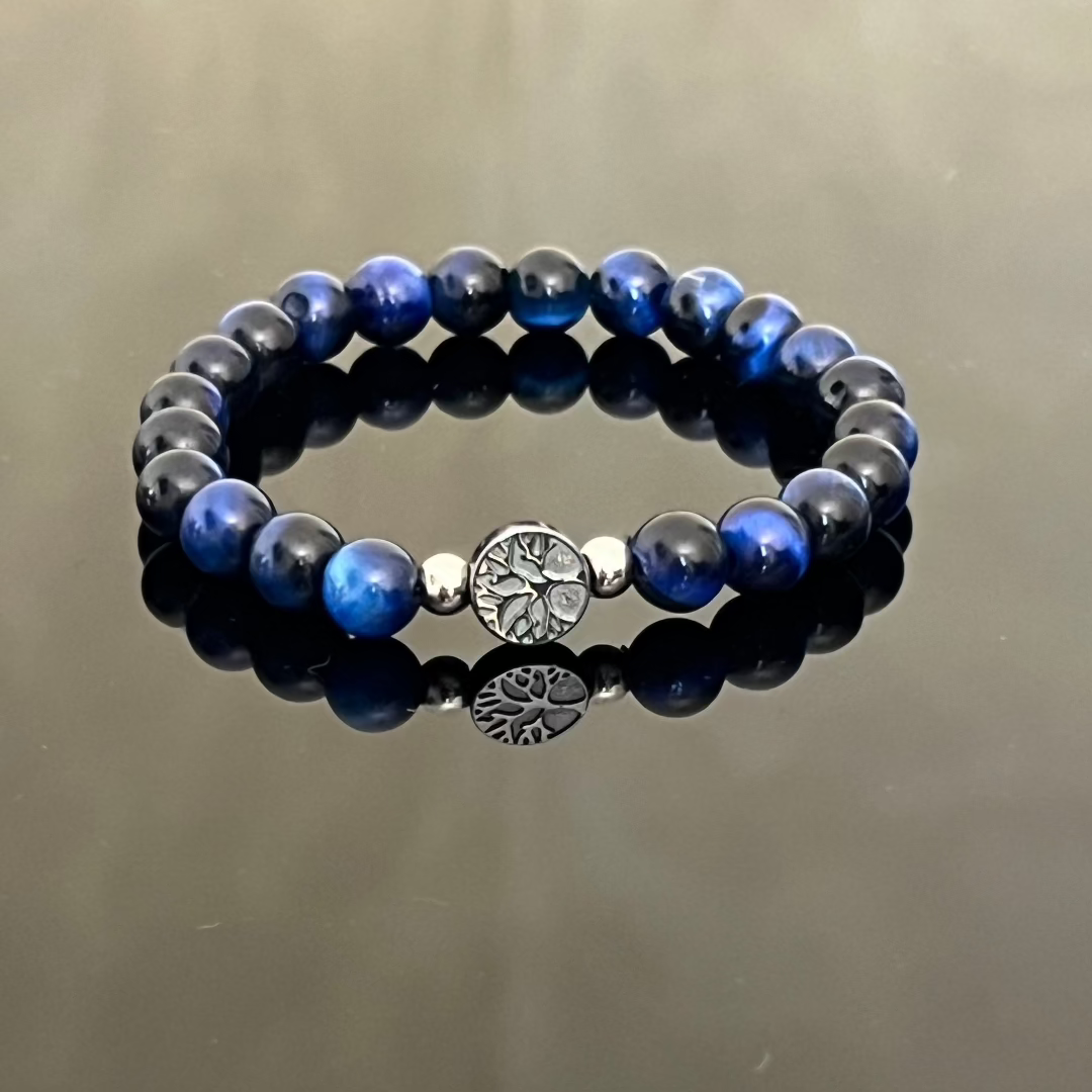 "Tree of Life" Bracelet in Hematite and Blue Tiger's Eye