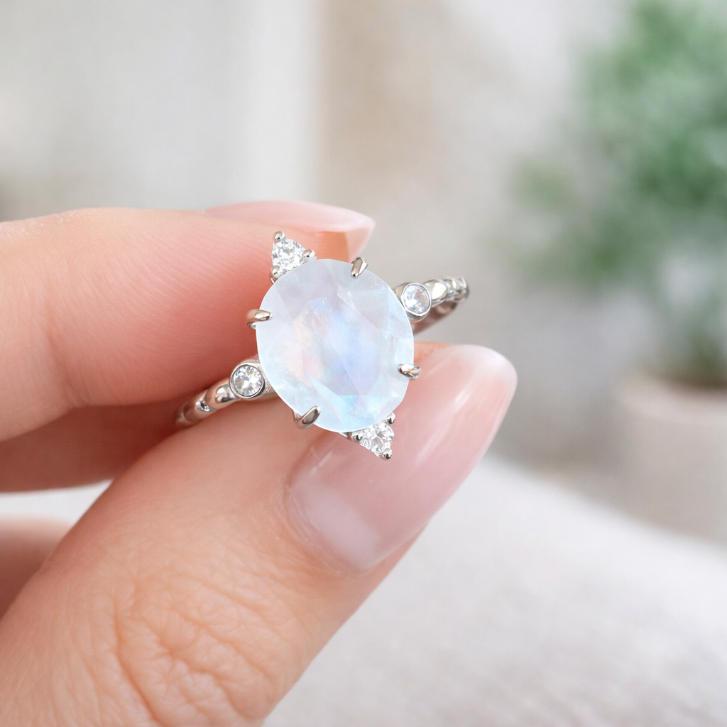 Moonstone Intuition Energy Ring – 925 Silver Platinum Plated
